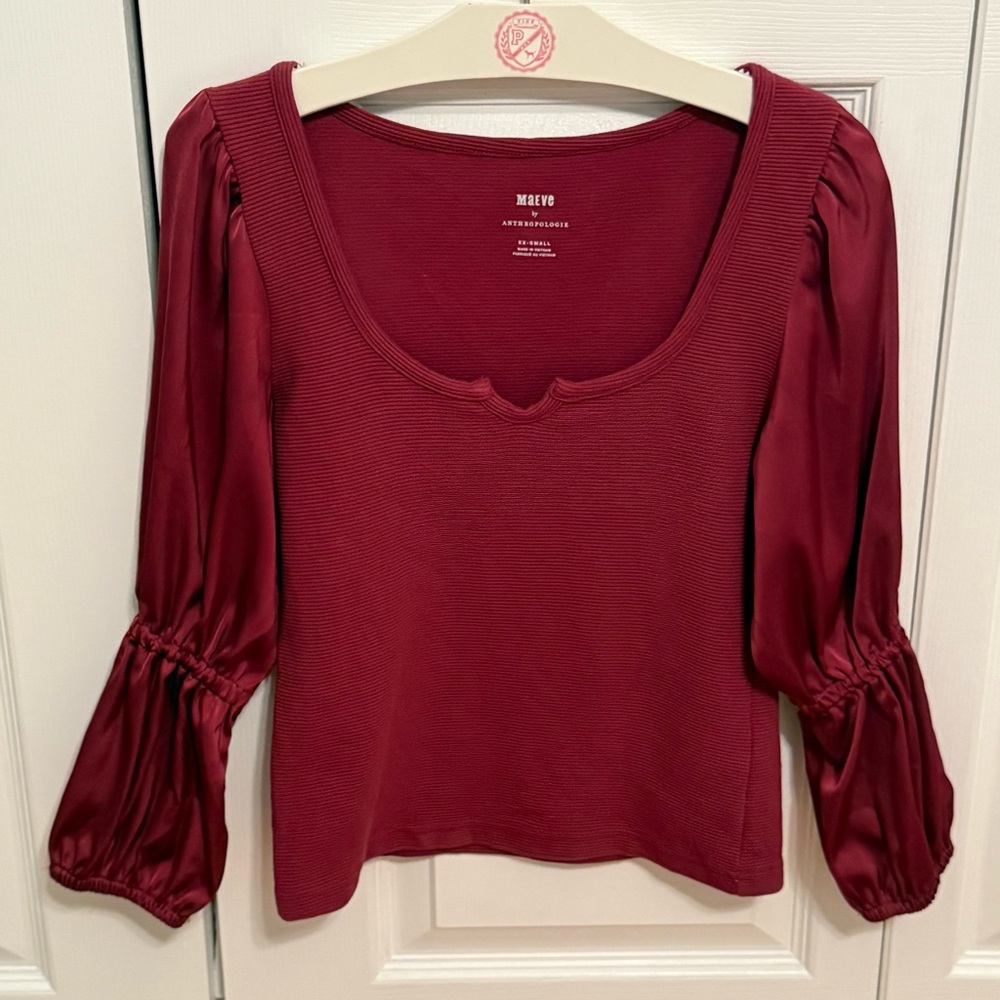 Anthropologie Maeve Tiered Sleeve Ribbed Top in Burgundy - Picture 2 of 4